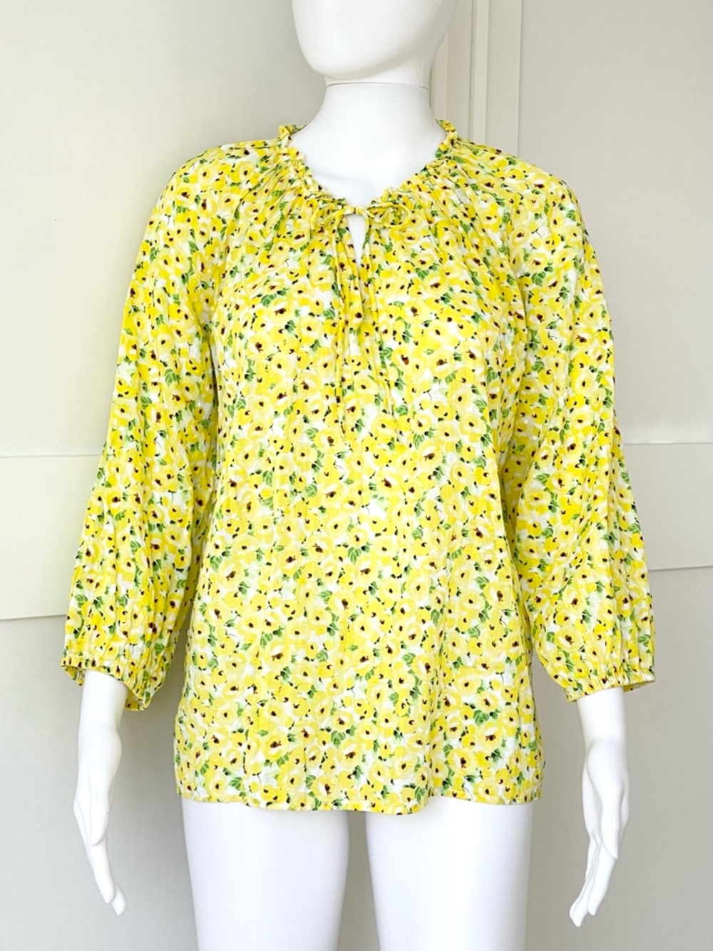Ann Taylor LOFT Floral Clip Tie Neck 100% Cotton Blouse Ruffle Neckline - Picture 7 of 10